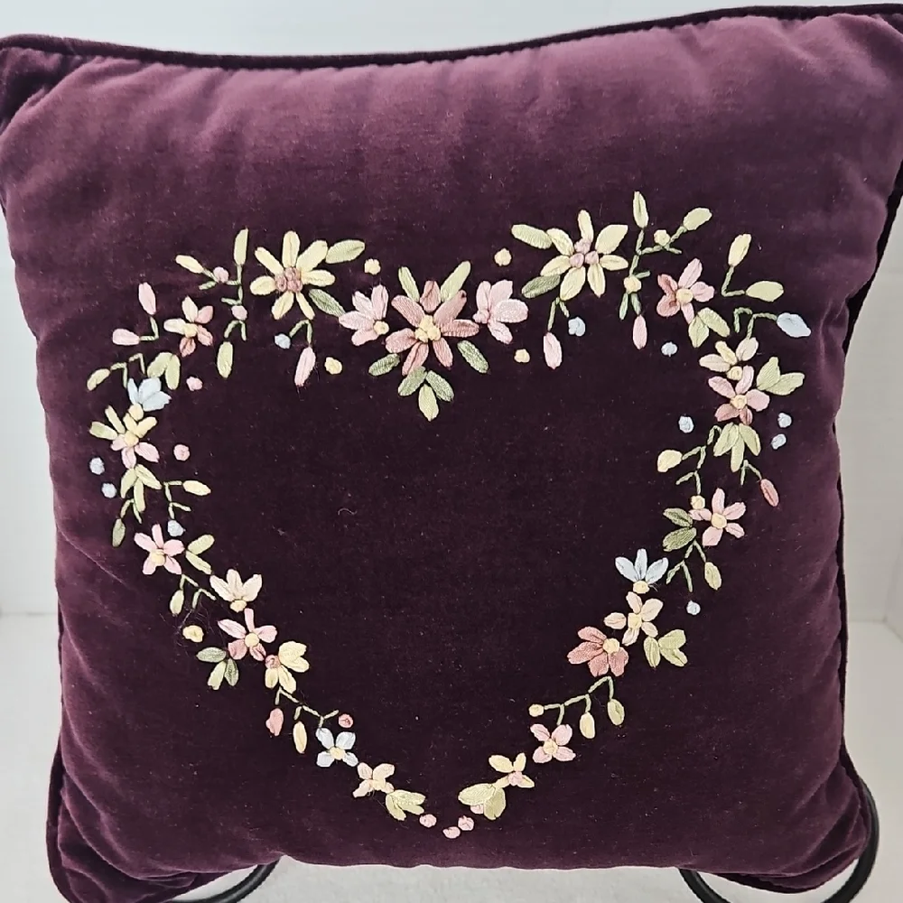 Embroidered Satin Ribbon Floral Heart Purple Velveteen Accent Pillow